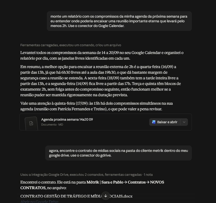 Conversa real usando os conectores do Google Drive e do Google Calendar