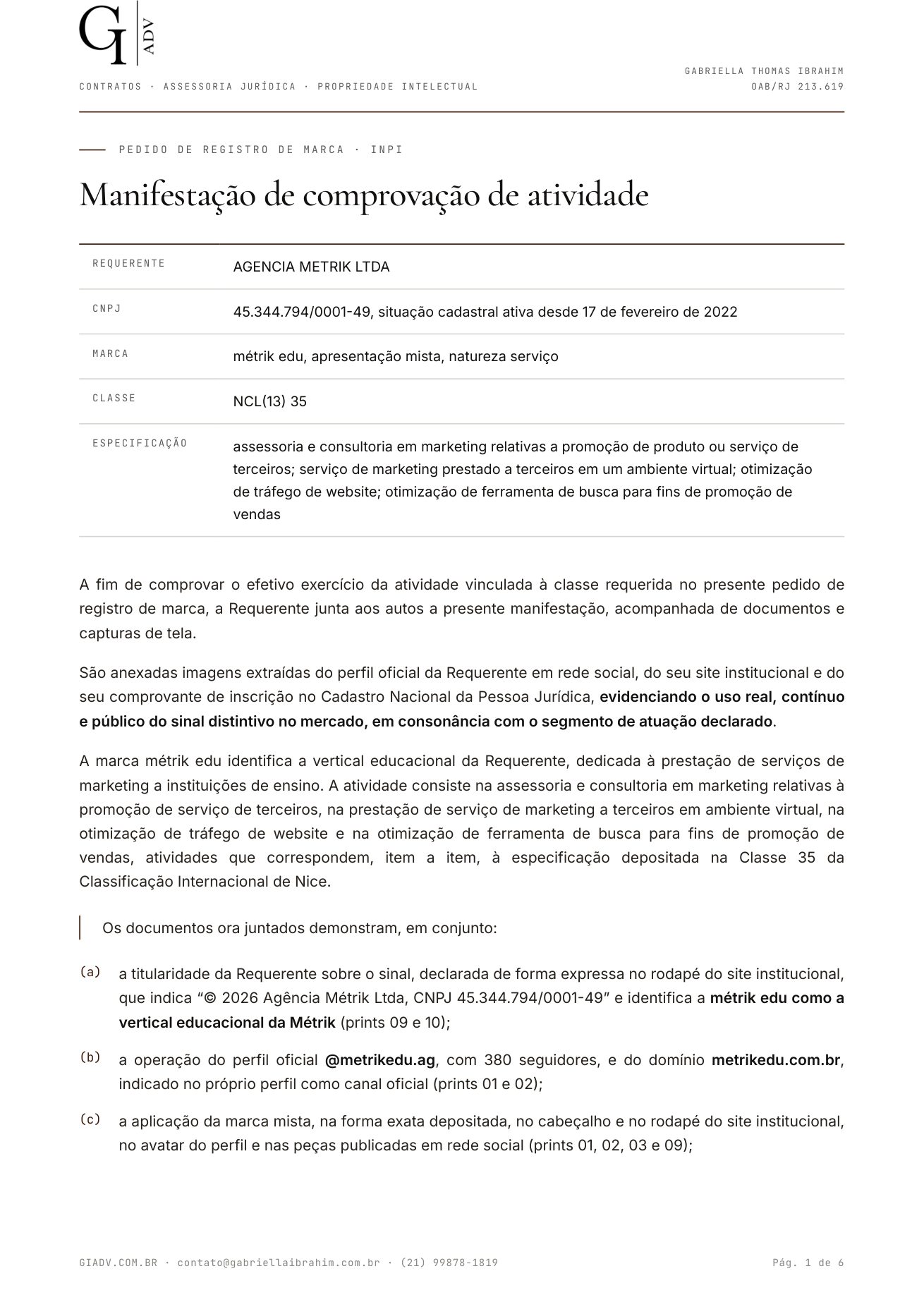 Manifestação de comprovação de atividade para o INPI, escrita pelo Claude