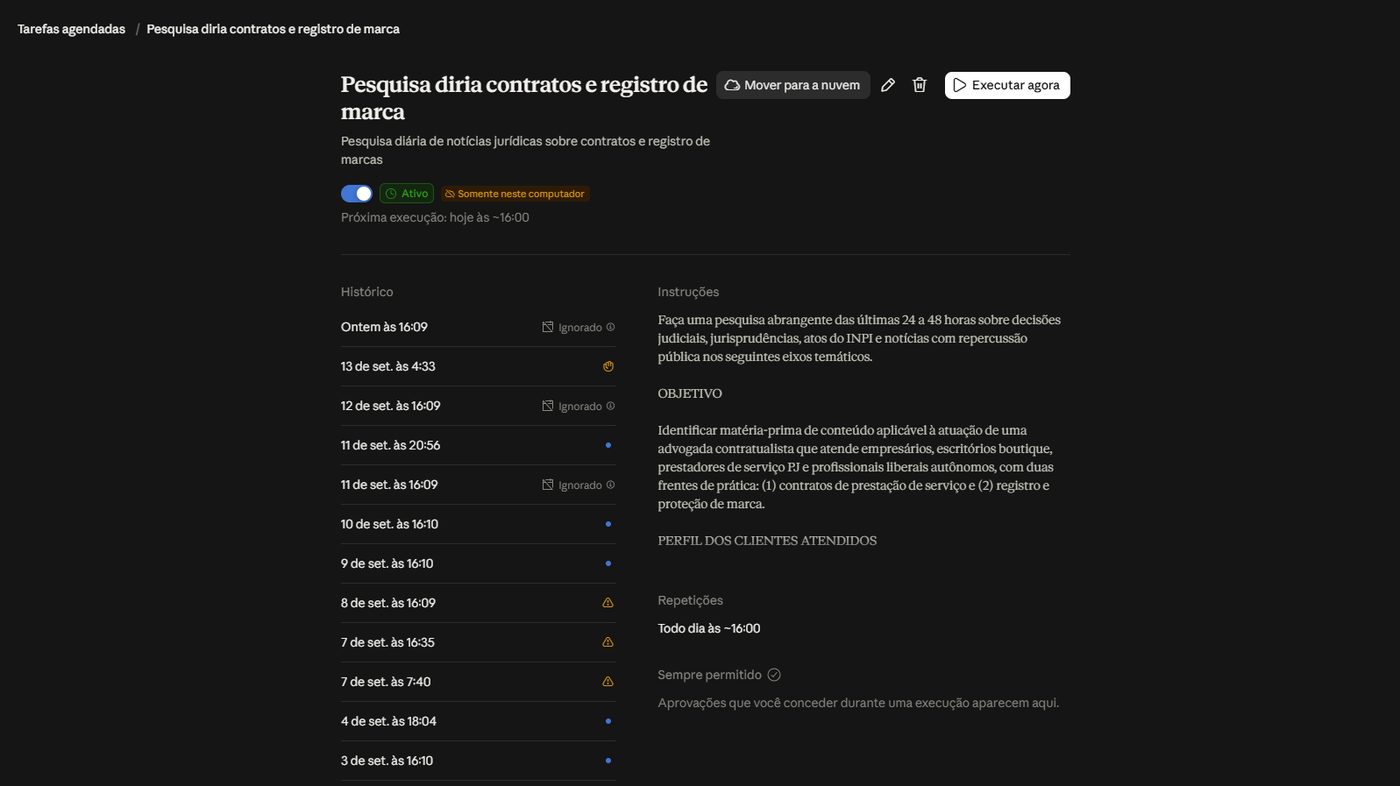 Tarefa agendada que pesquisa notícias jurídicas diariamente