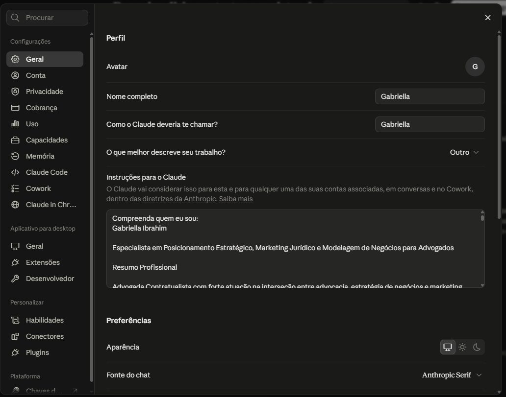 Tela de configuração onde monto a base de conhecimento do Claude sobre o meu escritório