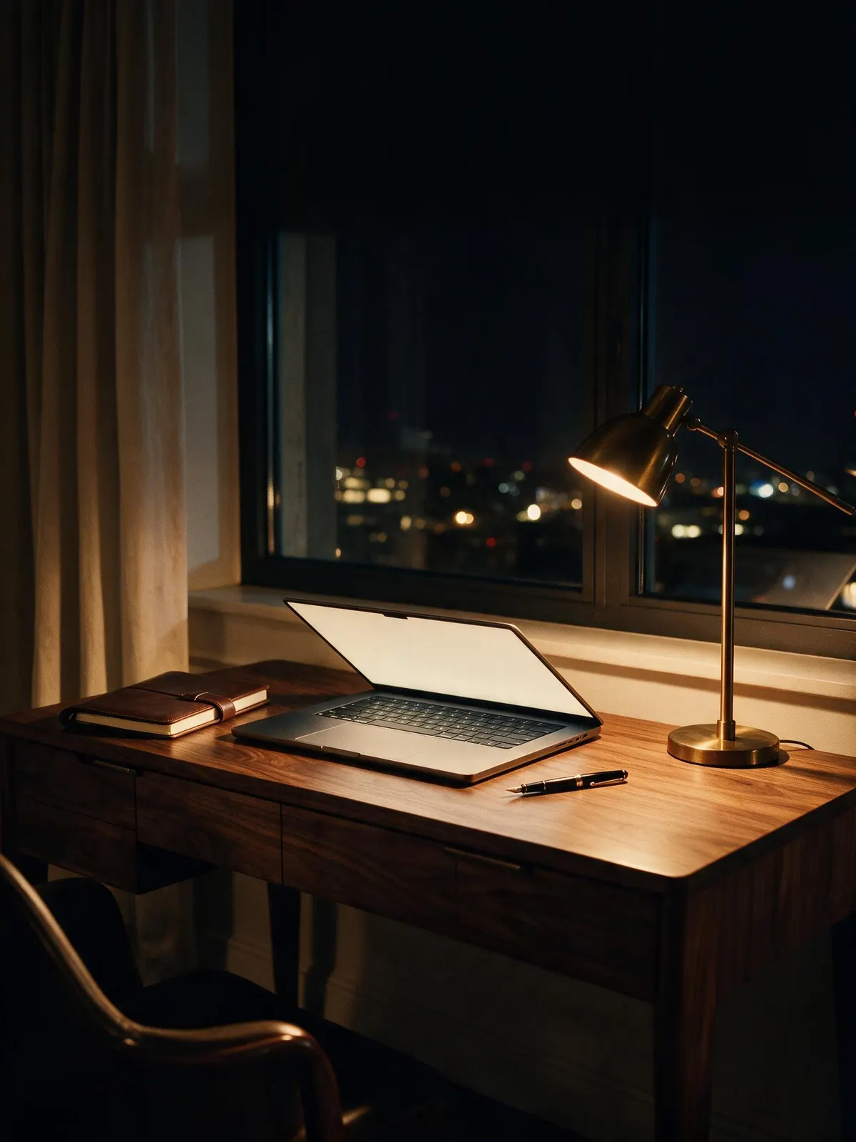 Escritório boutique à noite: notebook aberto, abajur de latão e a cidade desfocada na janela